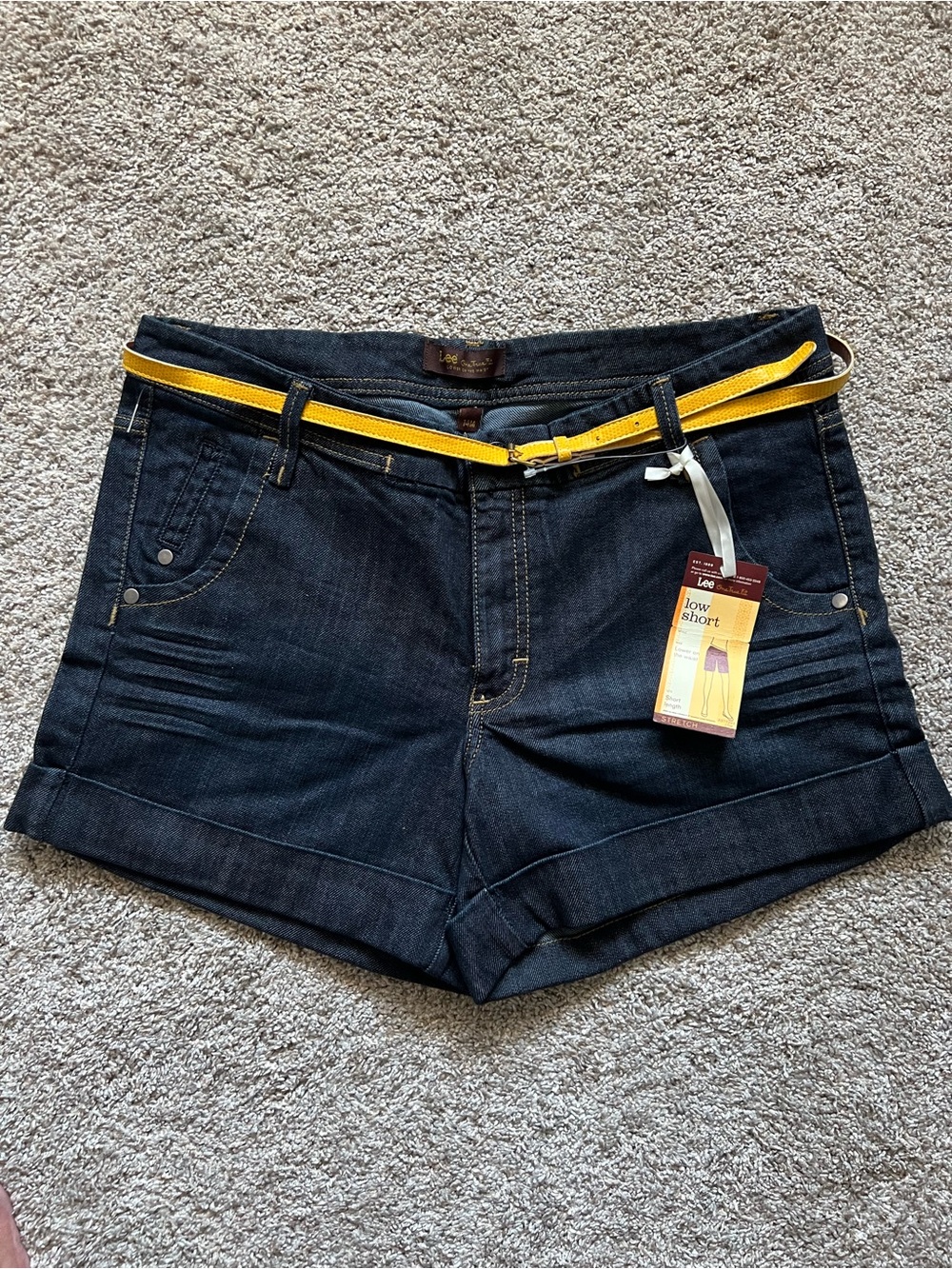 Lee Dark Indigo Denim Shorts with Yellow Belt